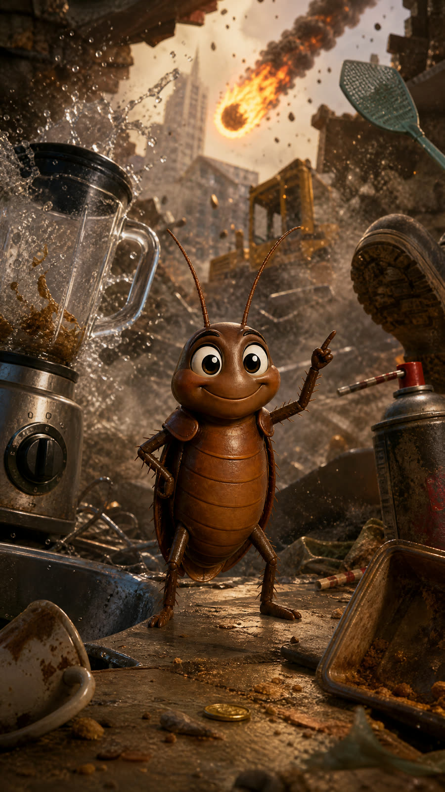 A grinning cartoon cockroach stands in a wrecked kitchen as a meteor falls behind him.
