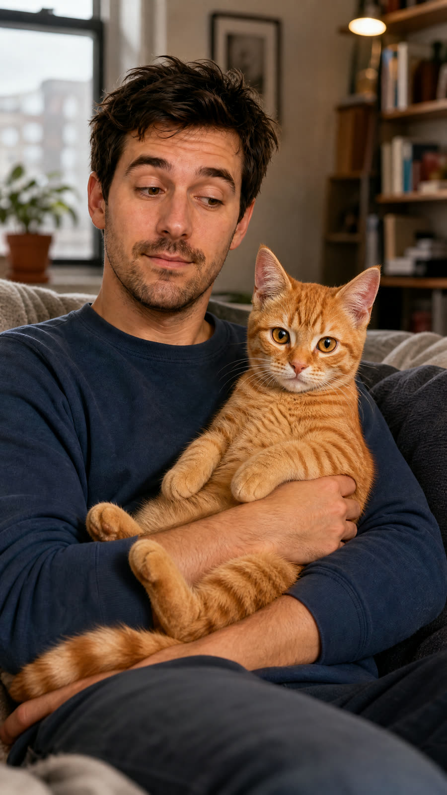 A man on a couch holding a wary orange cat he did not plan on having.