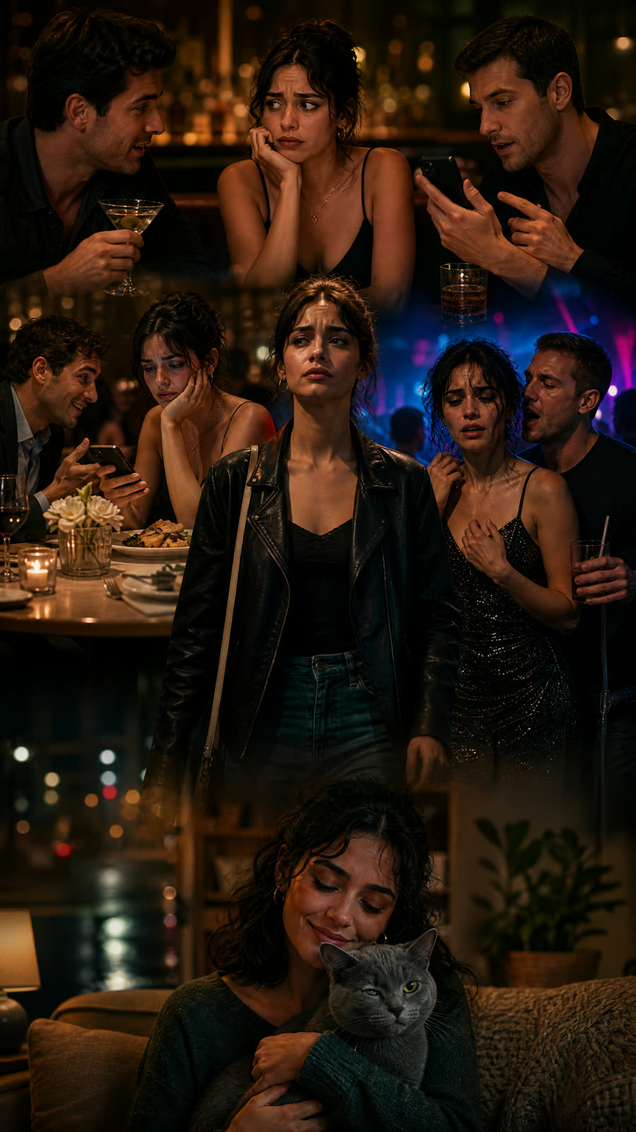 A woman moves through a montage of bad dates: bar, restaurant, nightclub, then home with her cat.